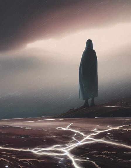 Robed Figure on Alien Planet in Moody Digital Painting Style