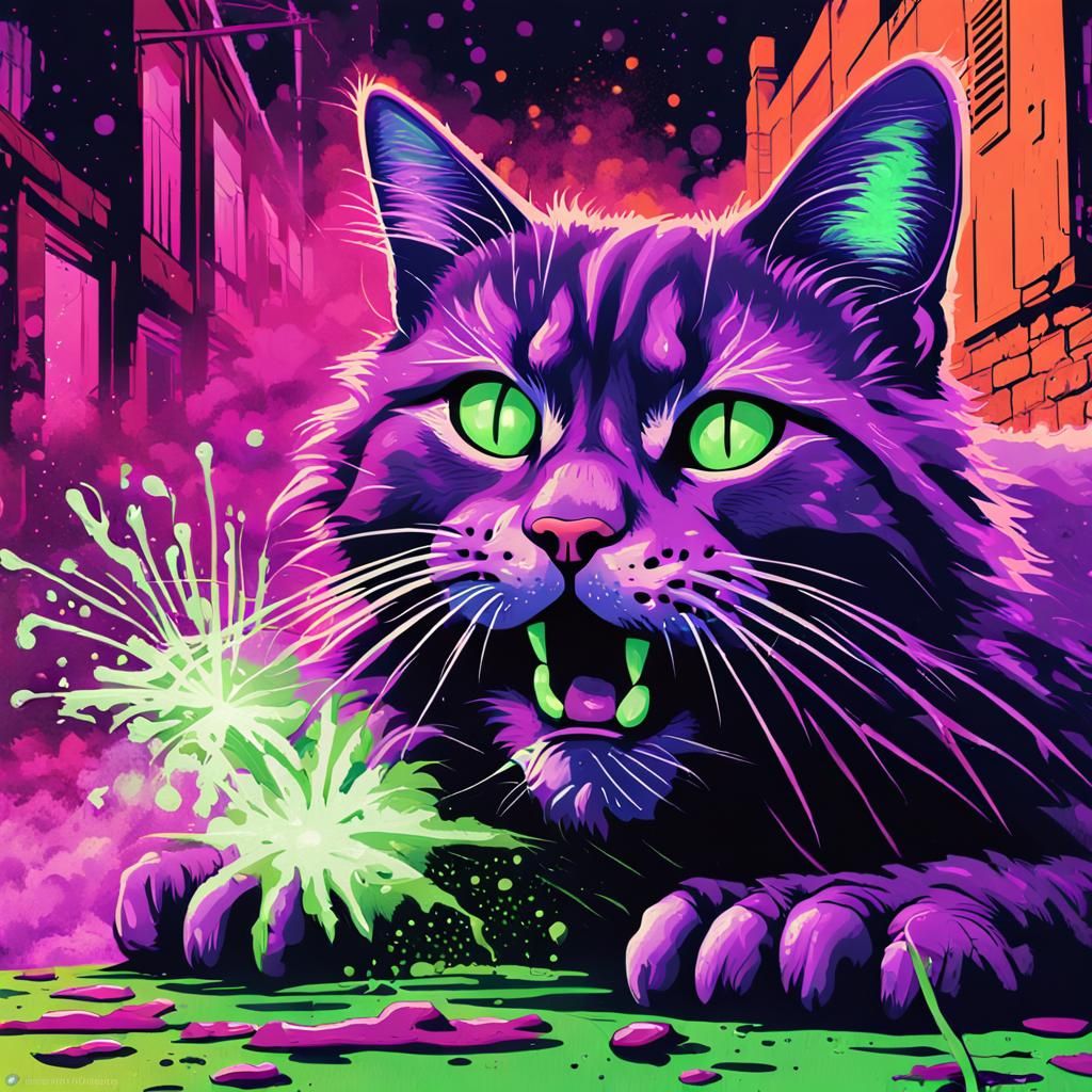 Cyberpunk Cat in Fireworks, Graffiti Art