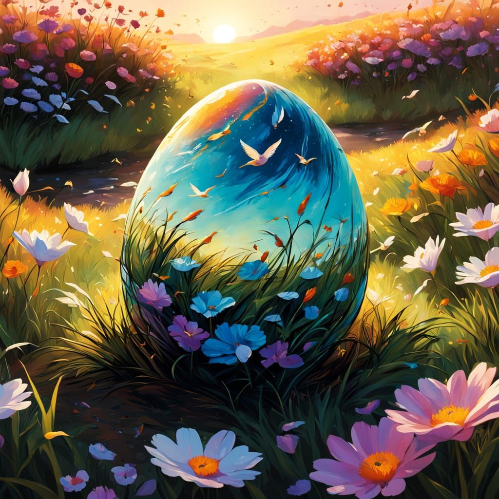 Whimsical Easter Egg in Vibrant Field of Flowers