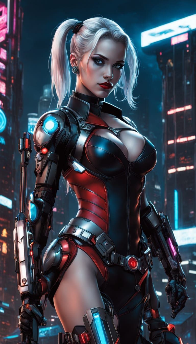 Cyberpunk Cyborg Harley Quinn in Neon Cityscape