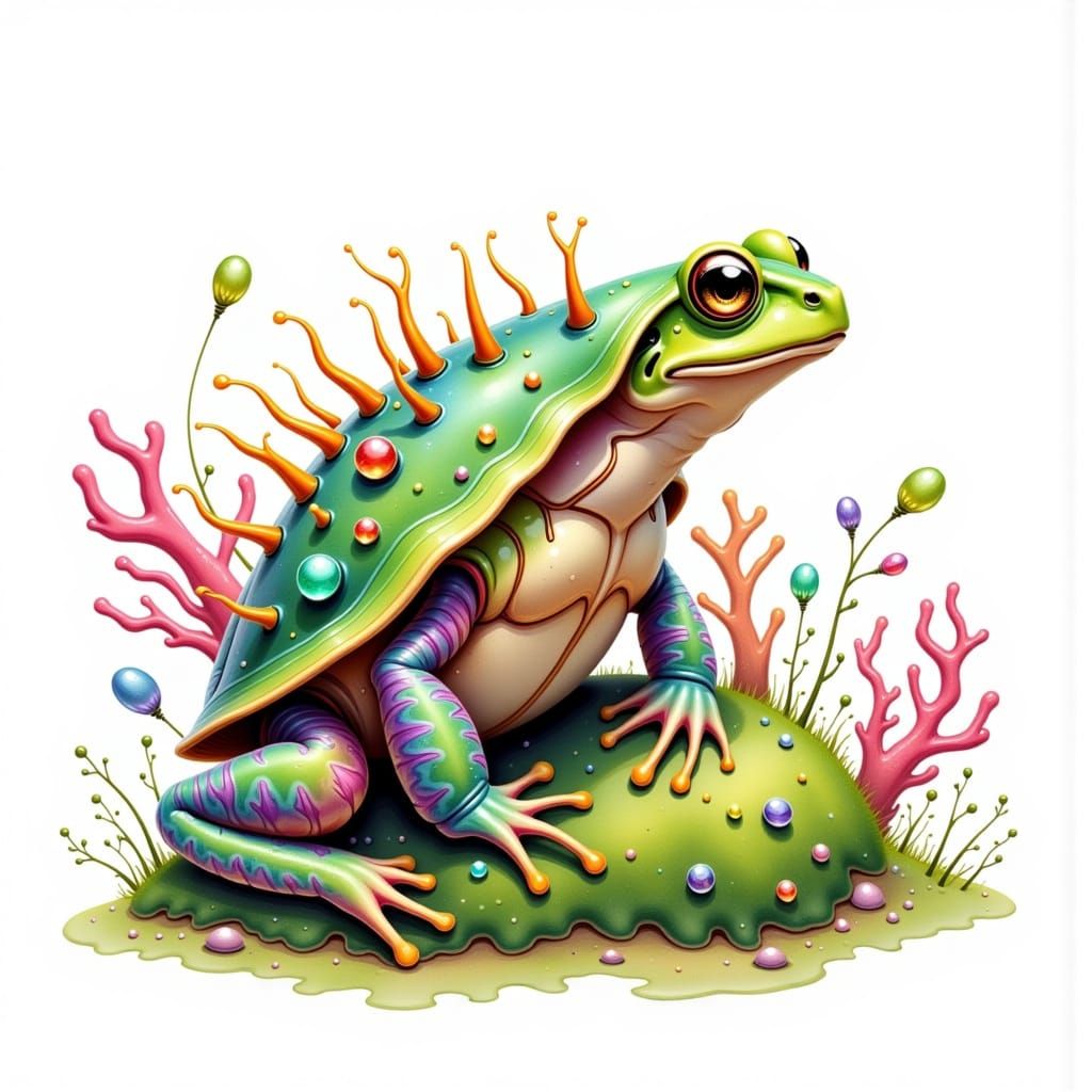 Frog-Tortoise Emerges: Whimsical Watercolor with Coral Spine...