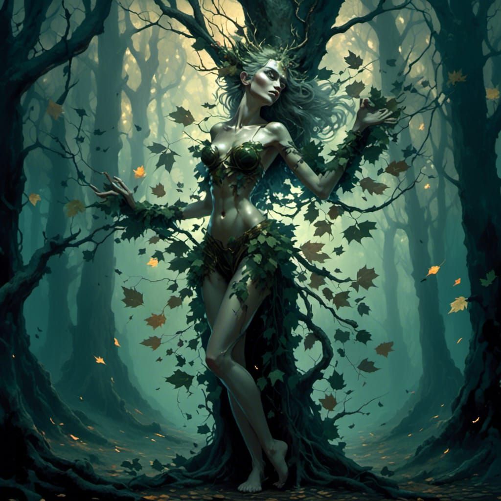 Dryad Emerges from Forest Tree at Golden Hour