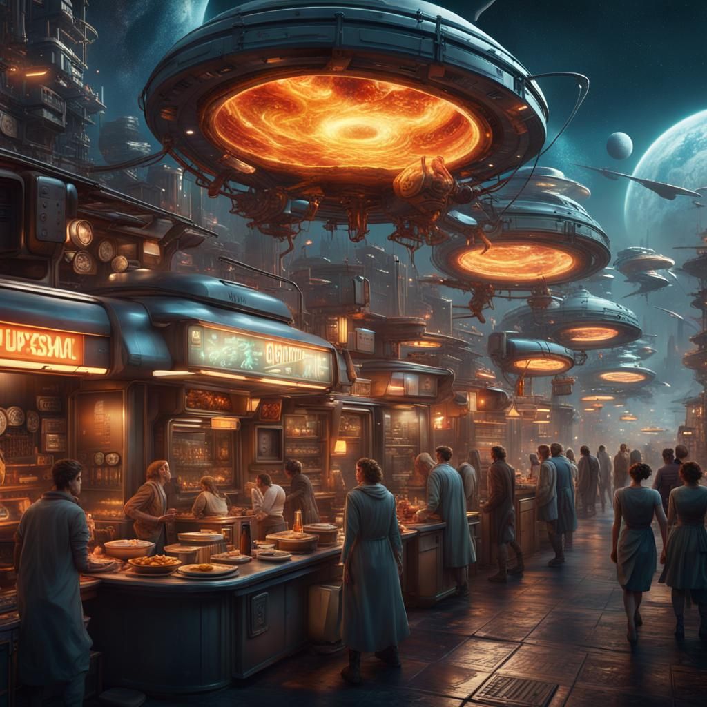 Mobile Eateries in Space Colony: Detailed Matte Painting