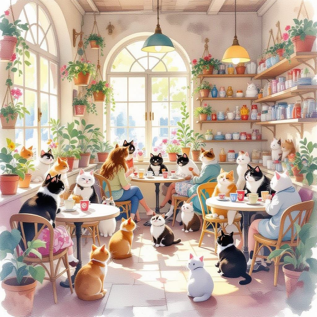 Whimsical Watercolor Cat Cafe Overflowing with Feline Friend...
