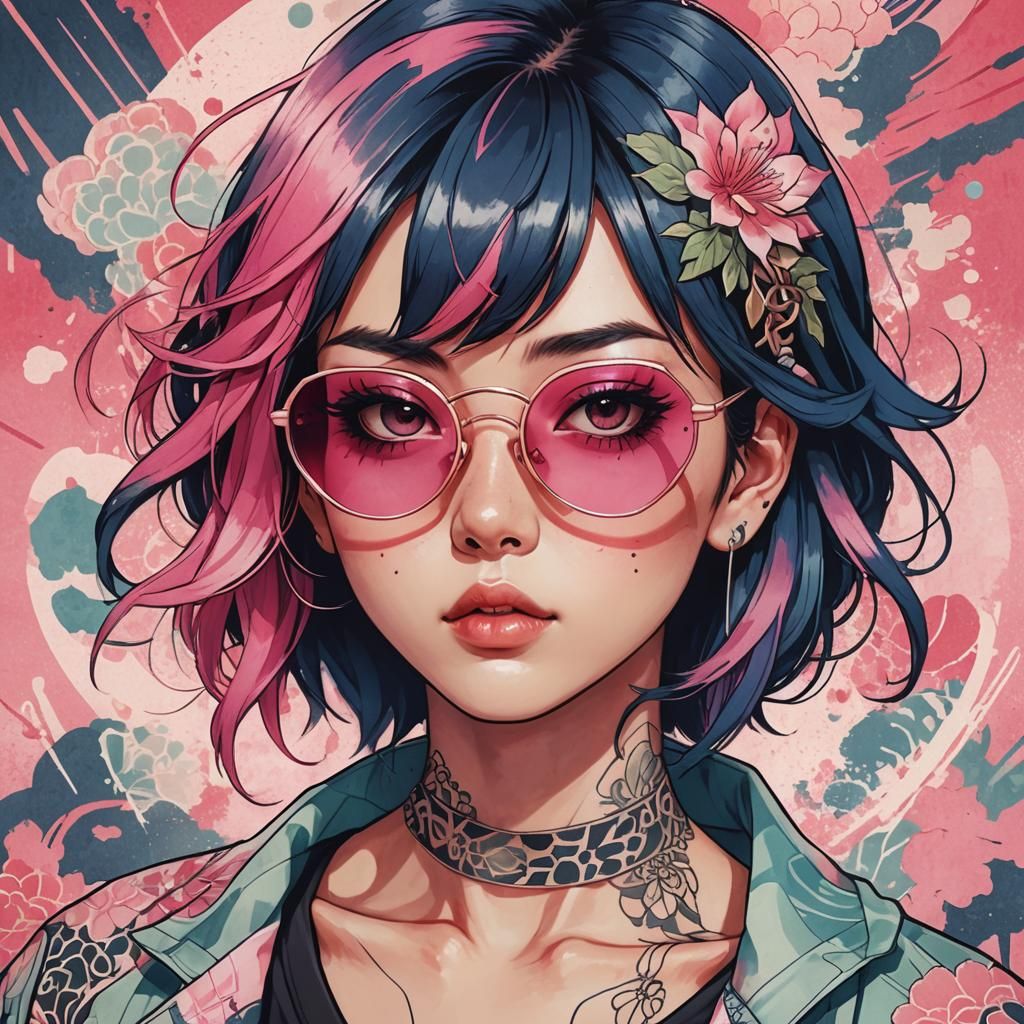 Anime-Inspired Portrait of a Young Woman with Japanese Tatto...