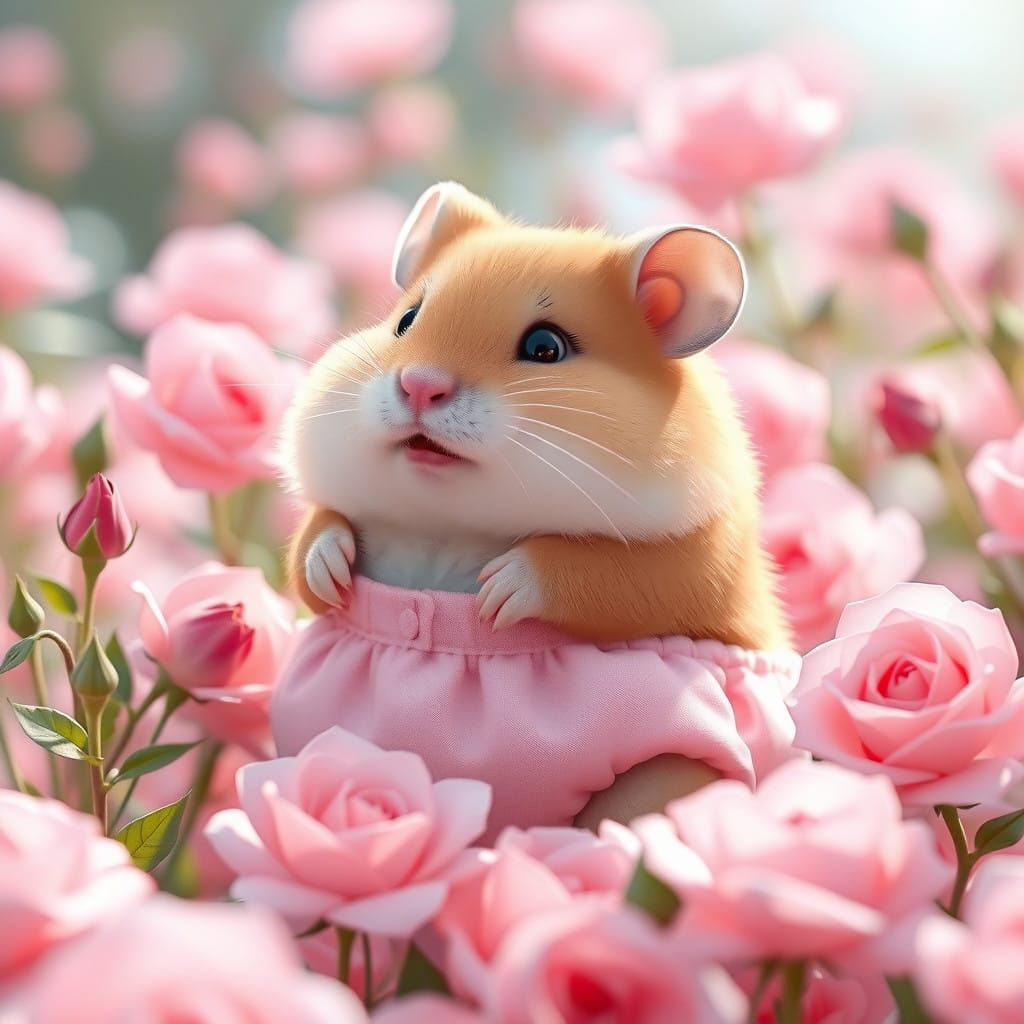 Chubby Hamster Amidst Pink Roses in Whimsical Anime Style