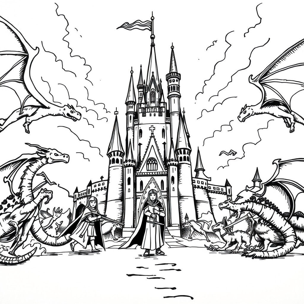 Detailed Pen and Ink Castle Drawing with Dragons