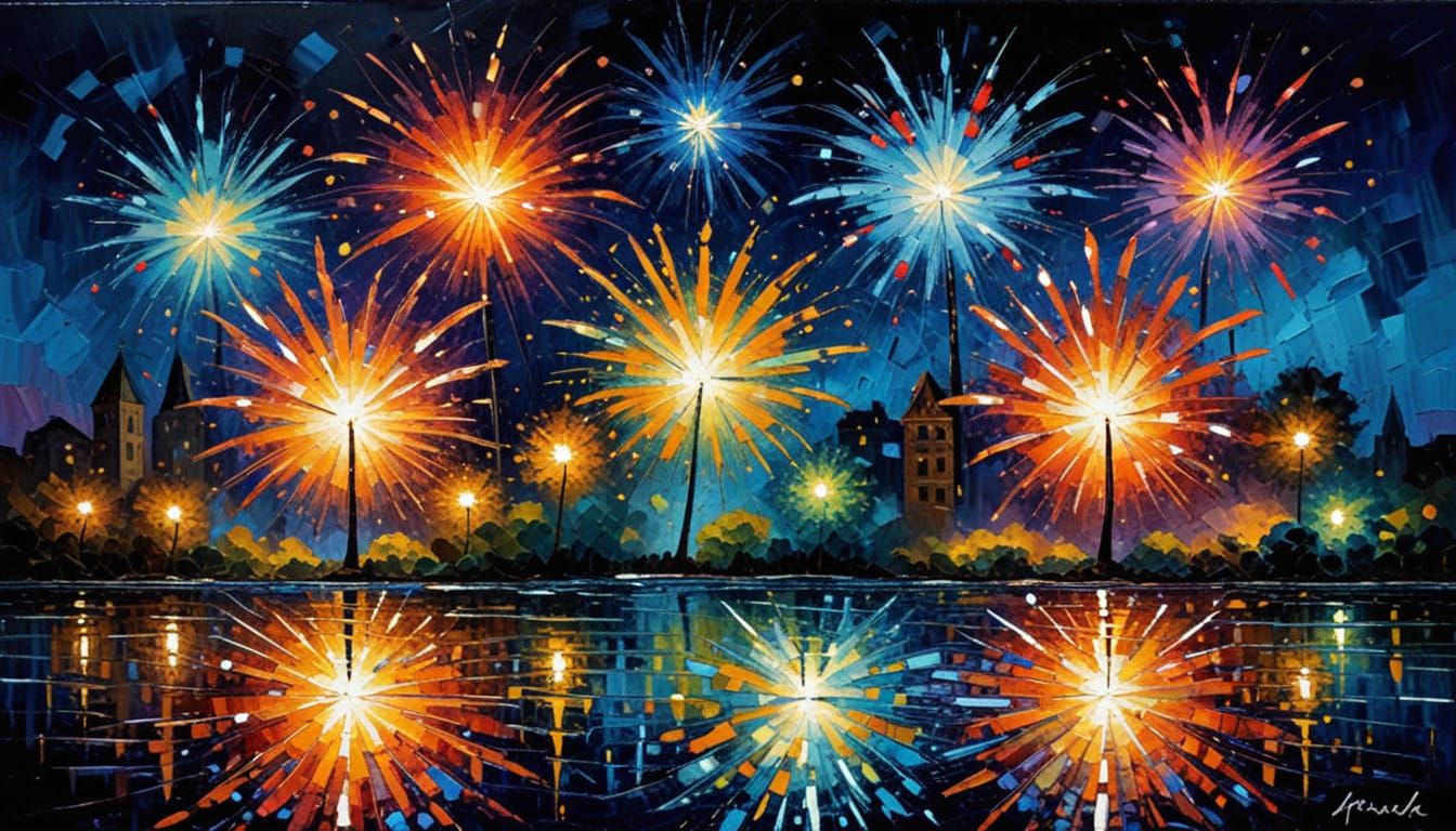 Vibrant Fireworks Explosion in Neo-Impressionist Style