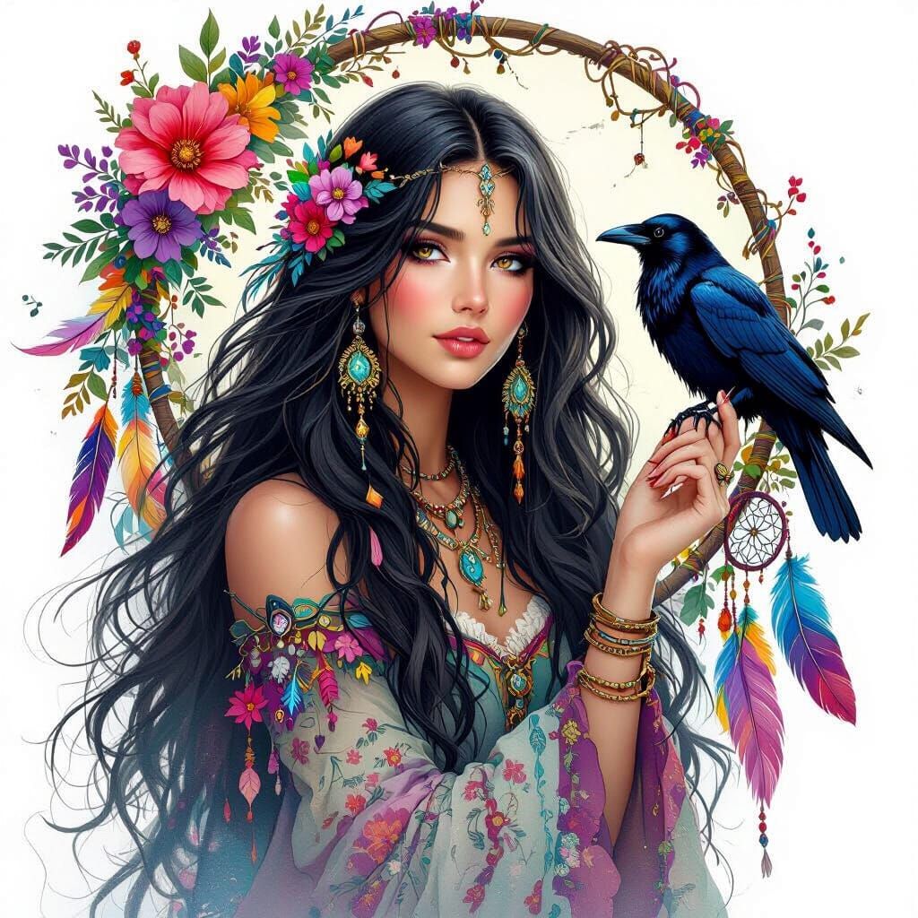 Mystical Sorceress with Raven and Bohemian Elements