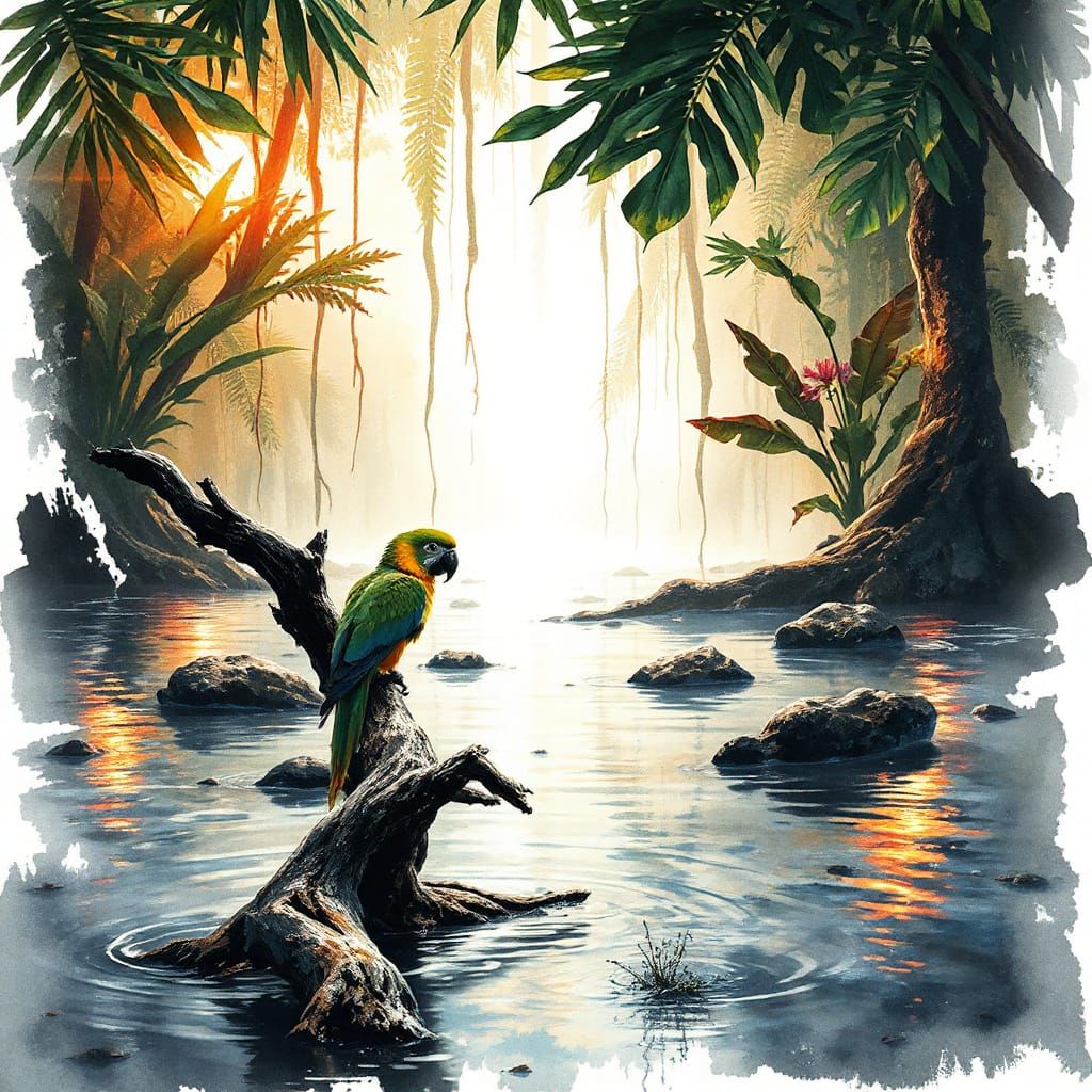 Surreal Jungle Stream in Vibrant Watercolour Style