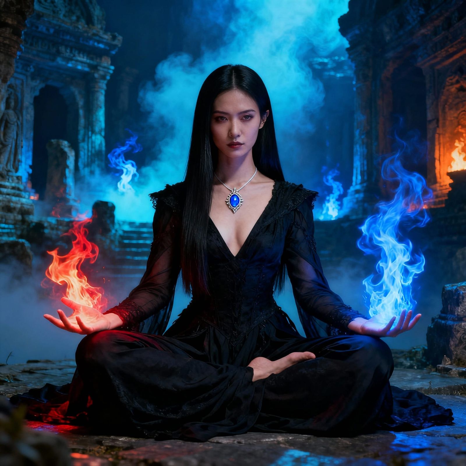 Dark Sorceress Invokes Fire Magic in Ancient Temple