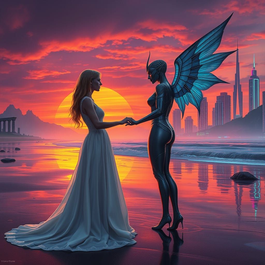 Elegant Nephilim Bride Exchanges Vows in Dystopian Paradise