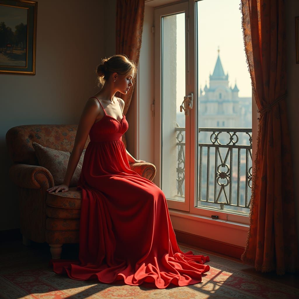 Brunette in Red Dress Gazing at Sunset Gorge