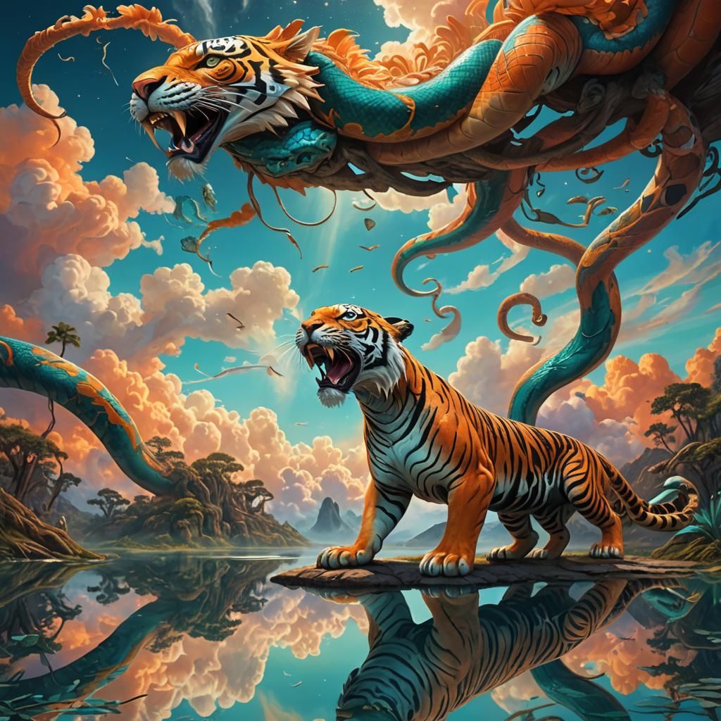 Snake Tiger Gazing at Sky Reflection