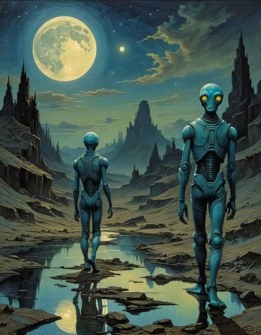 Blue Aliens on Alien Planet in Cubist Style