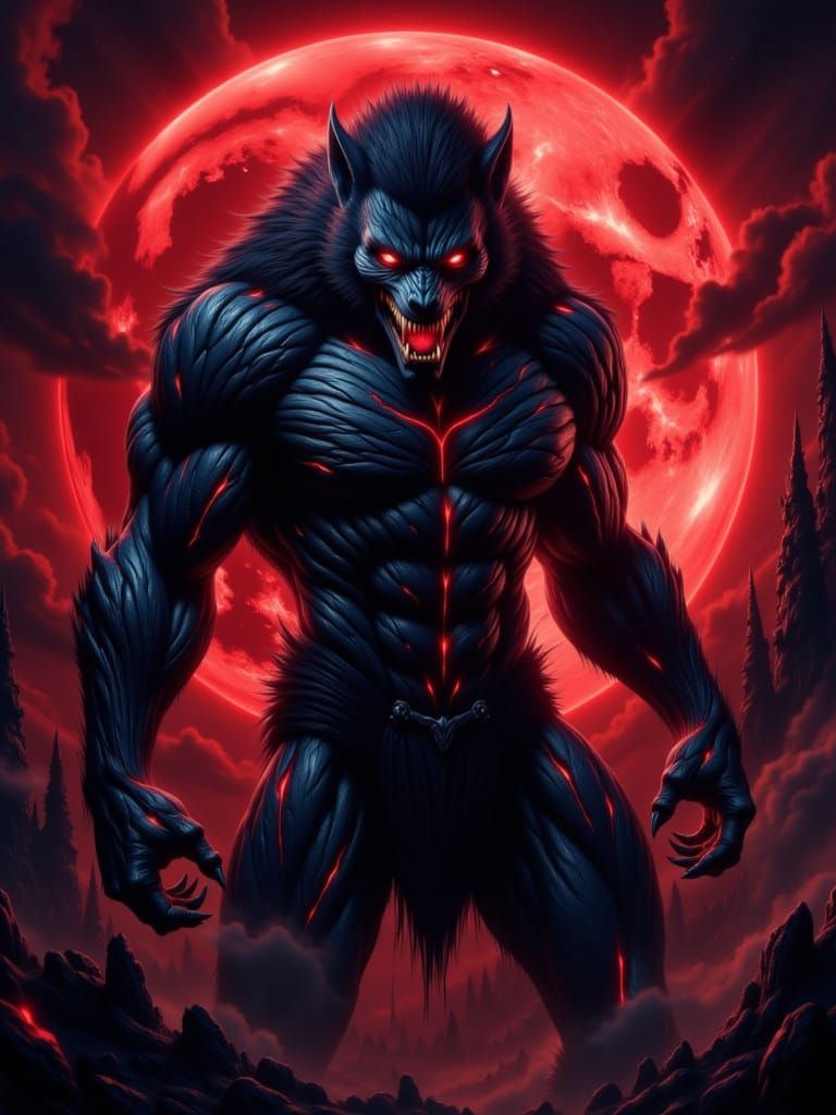 Hyperrealistic Werewolf Under Red Moon Splash Art
