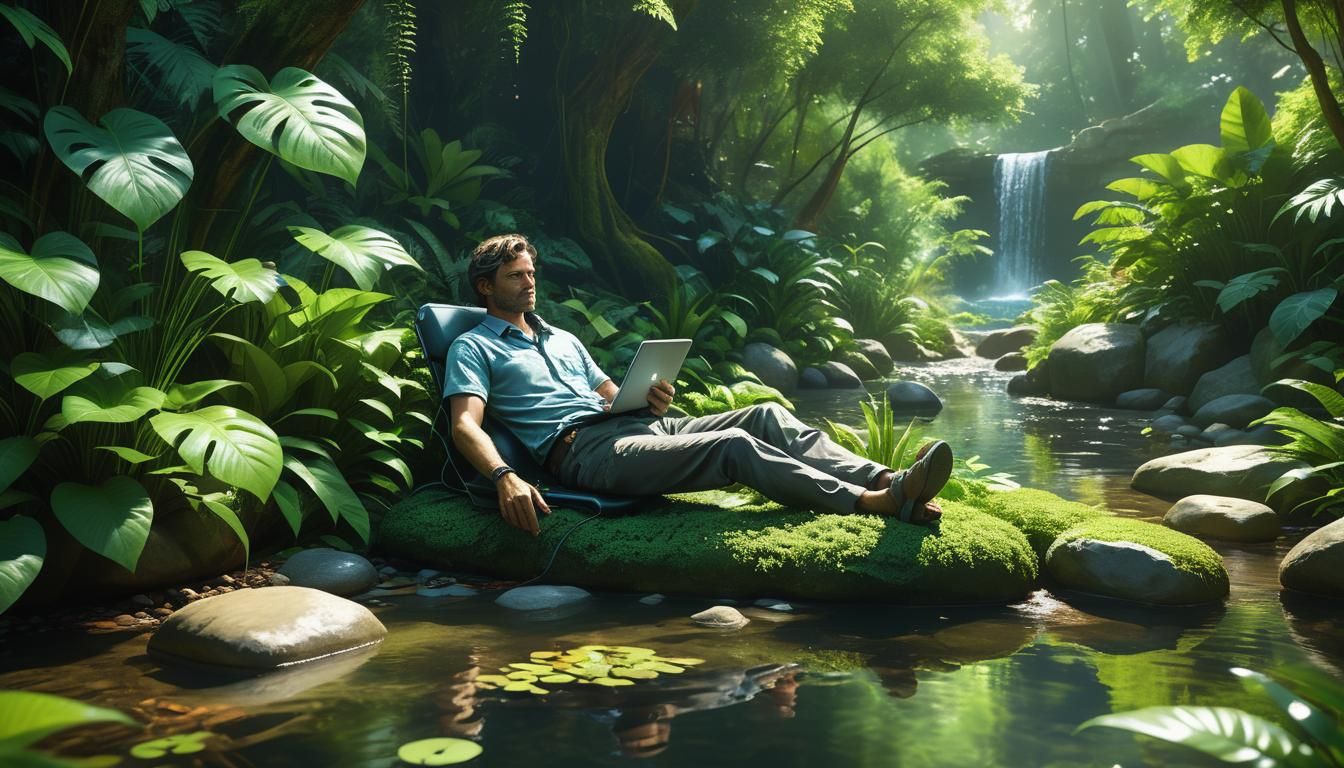 Tech Professional Resting in Nature, Art Deco Style