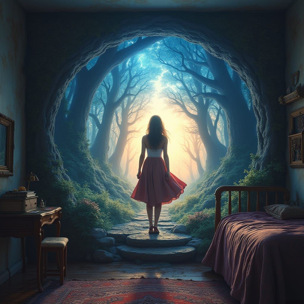 Woman Enters Lightning Forest Portal From Cozy Bedroom
