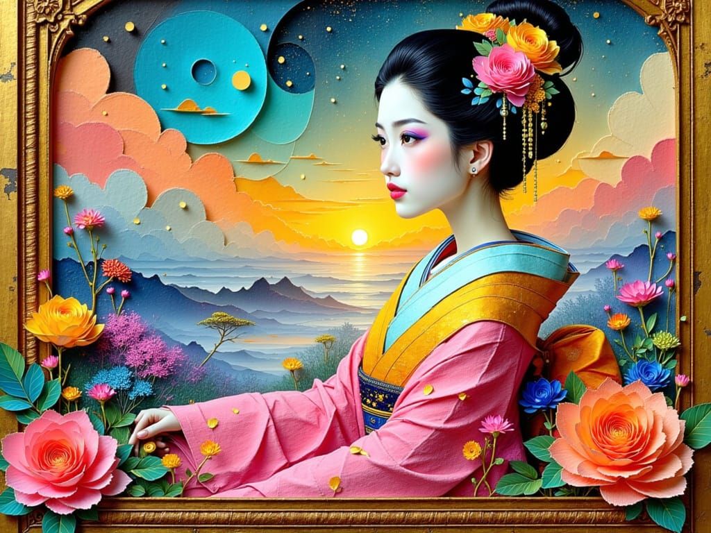 Elegant Geisha Gazes Through Panoramic Window