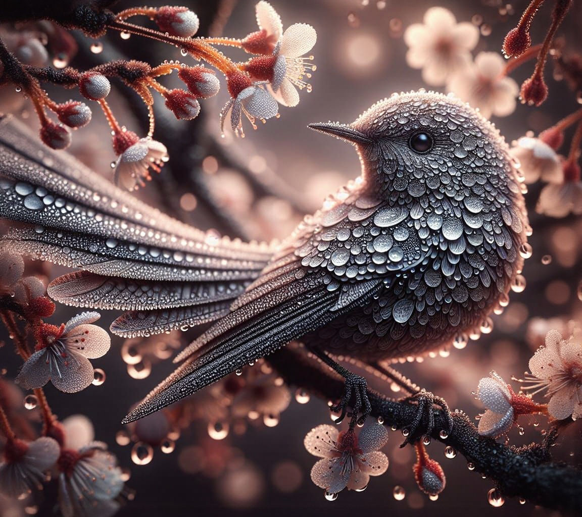 Dew-Kissed Bird on Cherry Blossom Branch