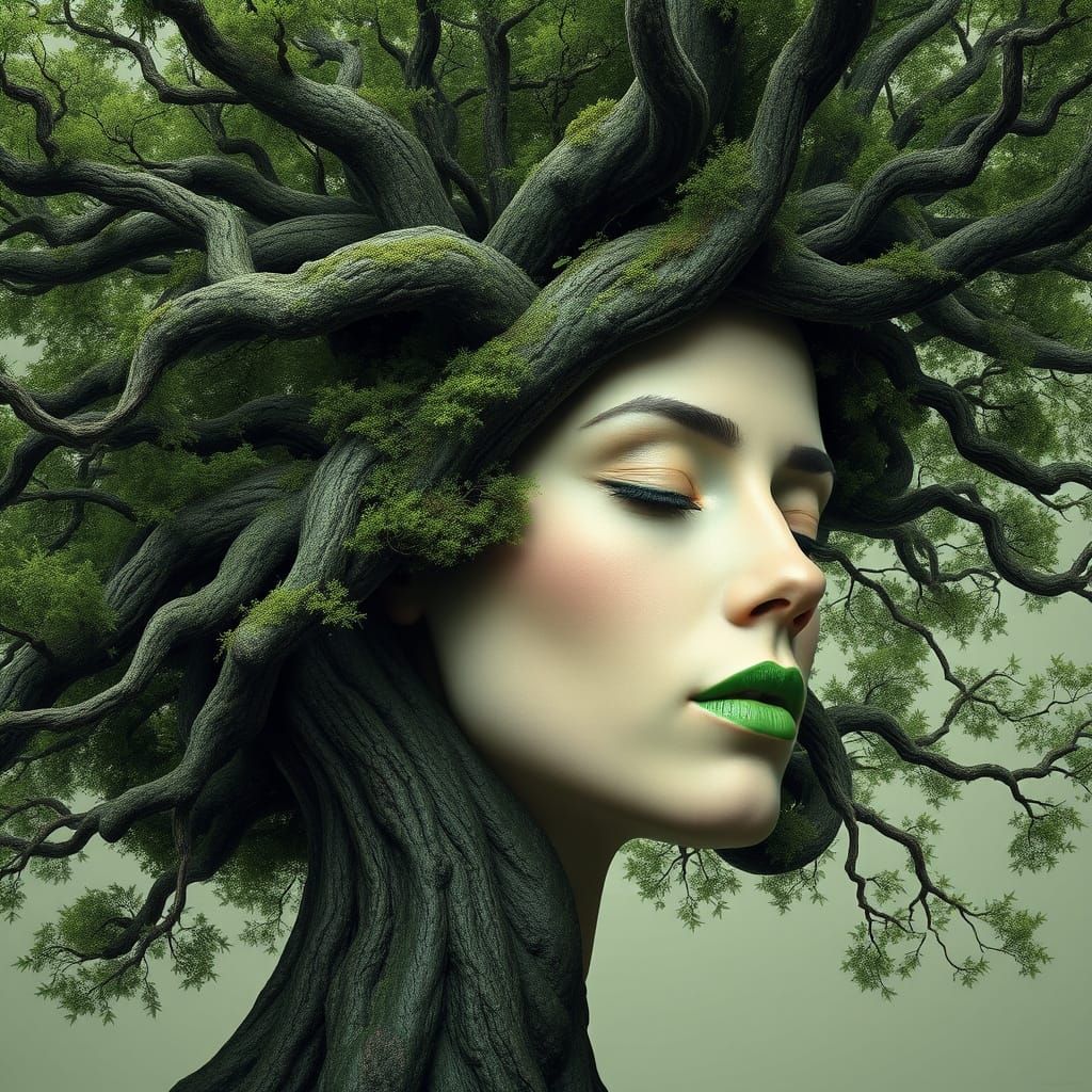 Surrealistic Tree Goddess in Lush Greenery
