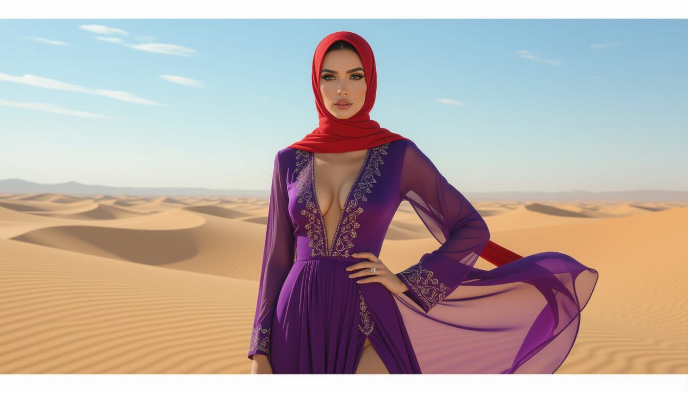 Woman in Red Hijab in Desert Landscape