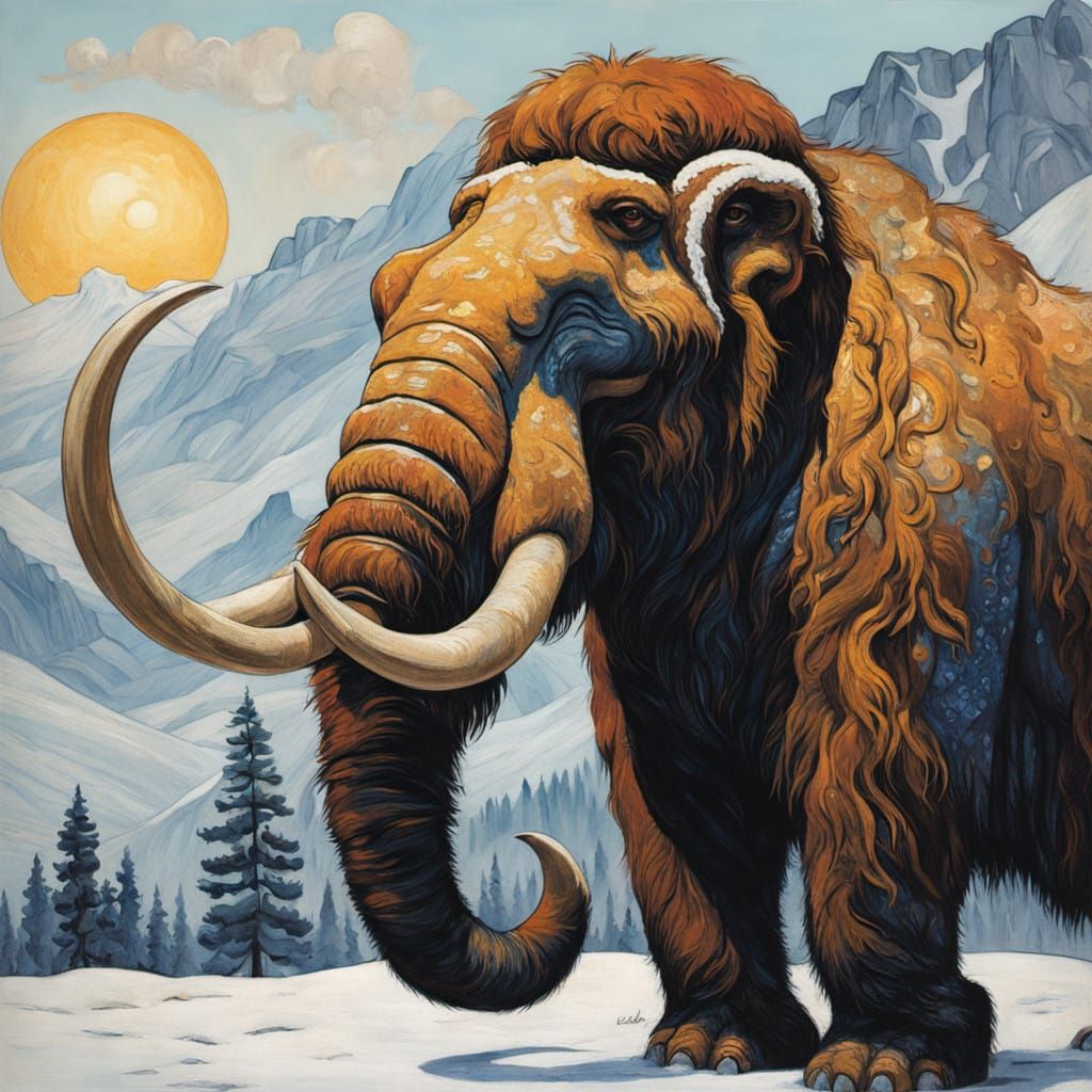 Majestic Woolly Mammoth Meets Neanderthal in Glacial Landsca...