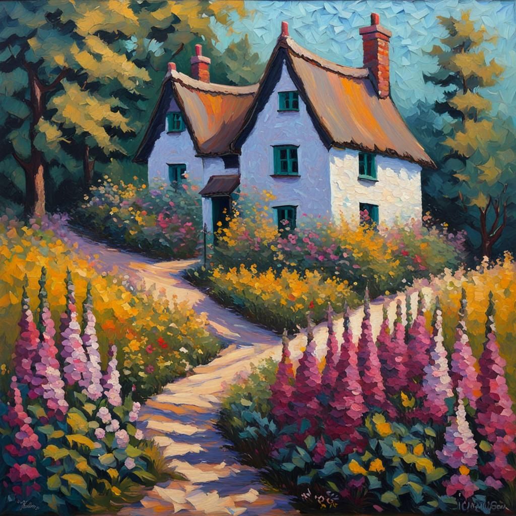 Foxglove Cottage in Expressionist Impasto Style