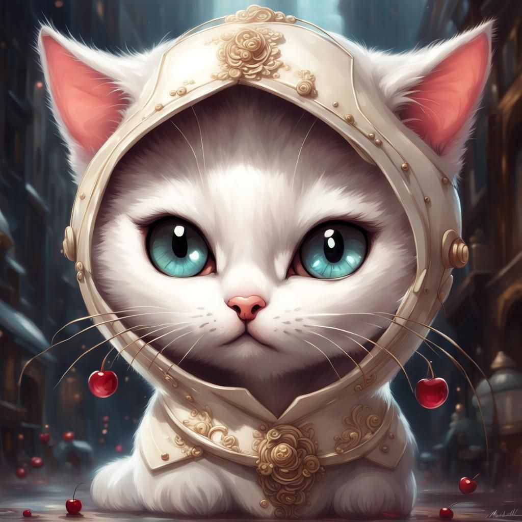 Chibi White Cat with Sinister Smile, Detailed Illustration