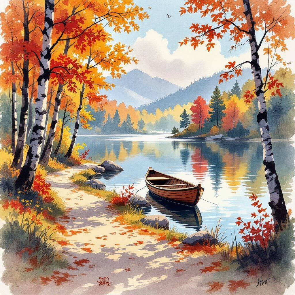 Autumn Forest Path to Tranquil Lake in Watercolor Style