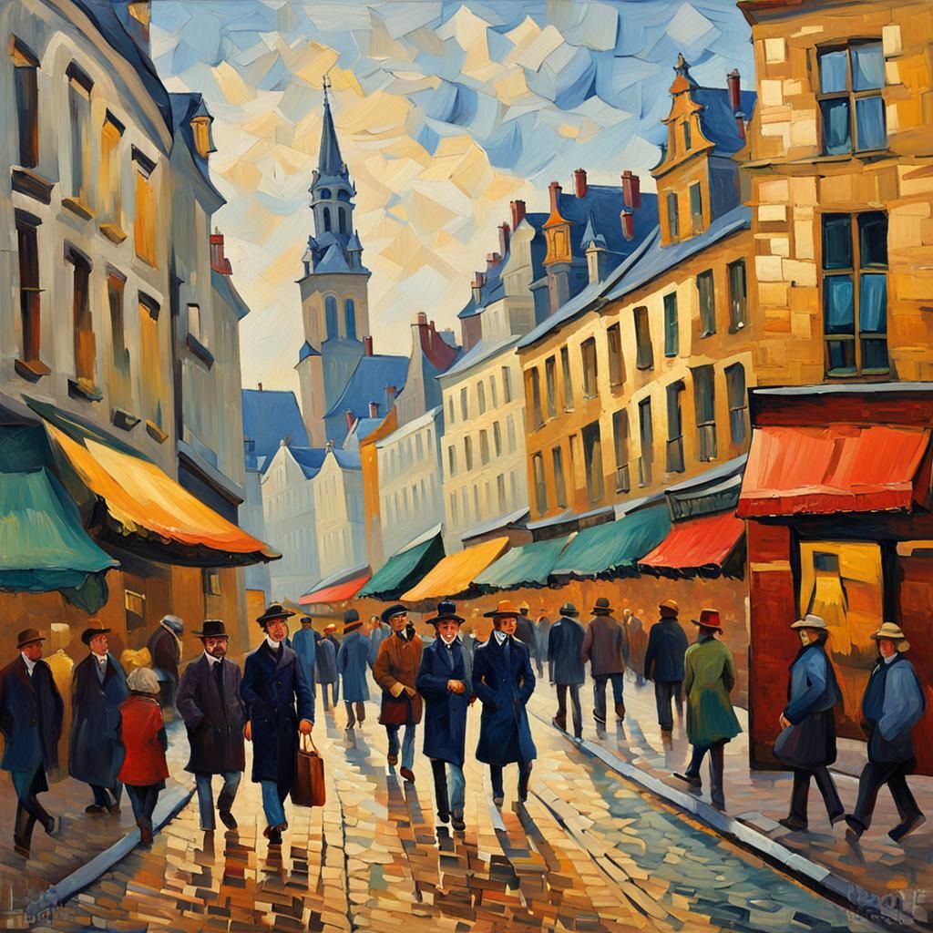 Brussels Street Scene in Expressionist Neo-Impressionism Sty...