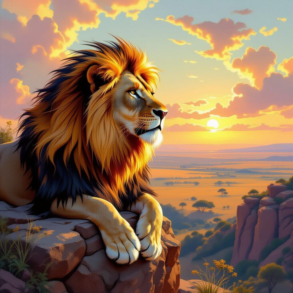 Fiery Lion on Savannah in Art Nouveau Style