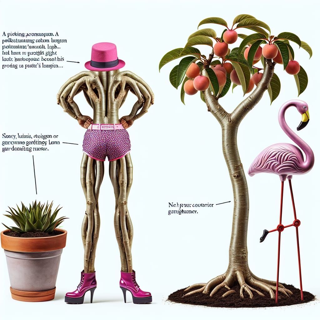 Anthropomorphic Plum Tree in Hotpants with Flamingo Planter