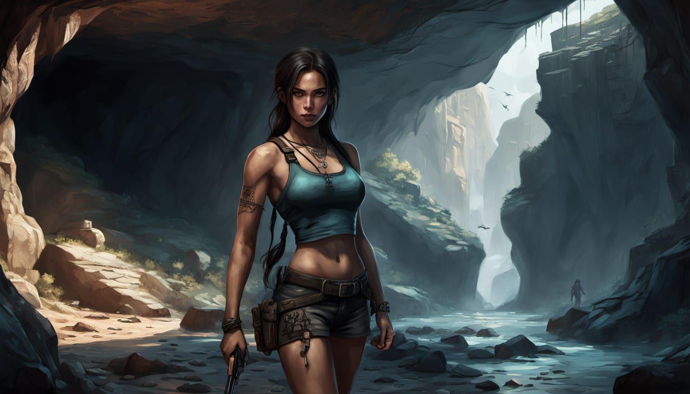 Hyper-Realistic Lara Croft in Ancient Cave Setting