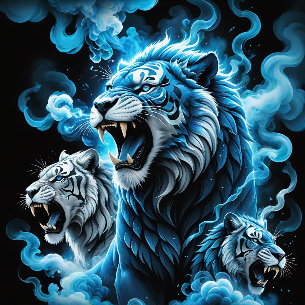 Electric Blue Smoke Animals in Black and White Wallpaper