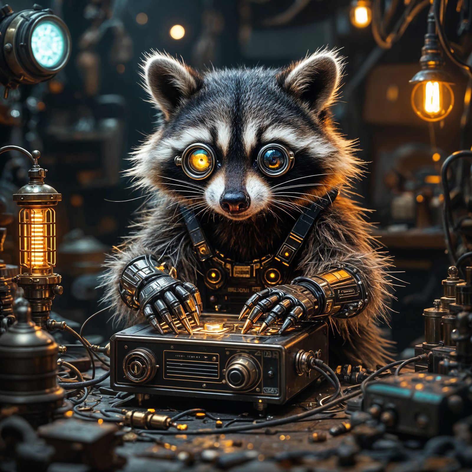 Cyberpunk Raccoon Tinkerer Salvaging Retro Tech