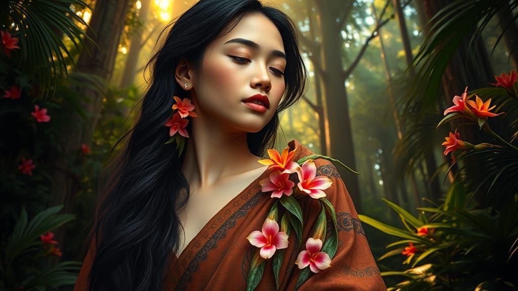 Serenely Adorned Woman in Papua's Lush Forest