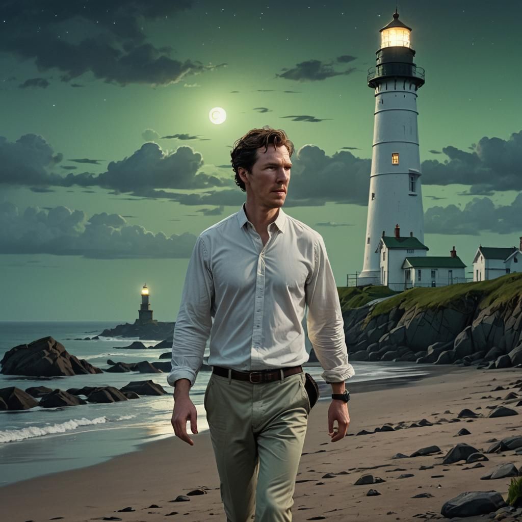 Cinematic Seashore Scene with Lighthouse in Maximalist Style