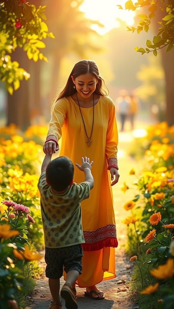 Surreal Portrait of Compassionate Caregiver in Vibrant Folk-...