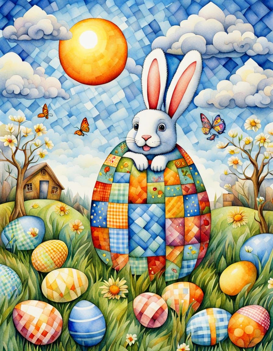 Vibrant Easter Cubism Artwork in Watercolor