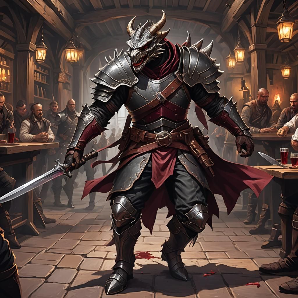 Dragonborn Bloodhunter in Tavern, DnD Style Illustration