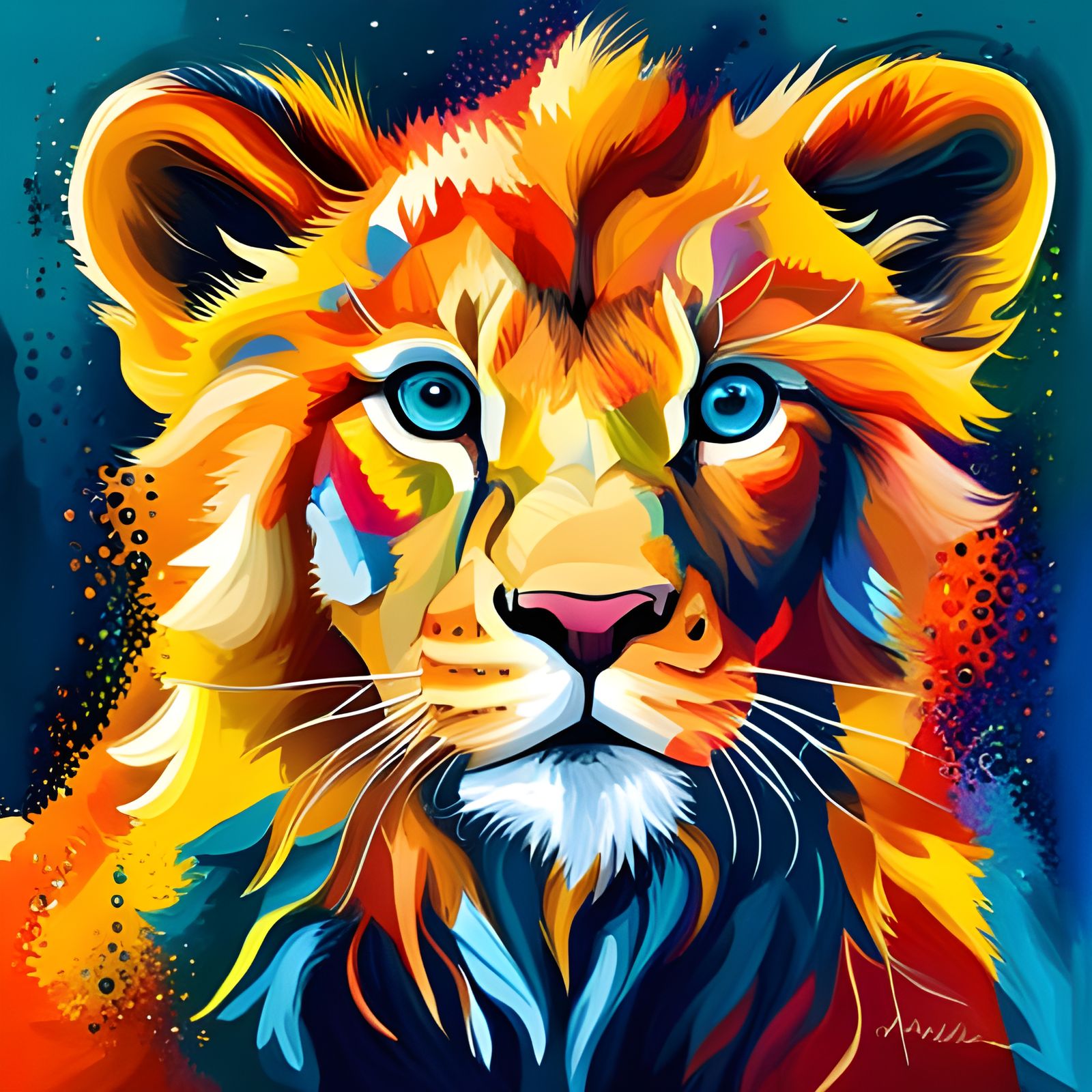 Vibrant Abstract Splash Paint Lion Cub Art