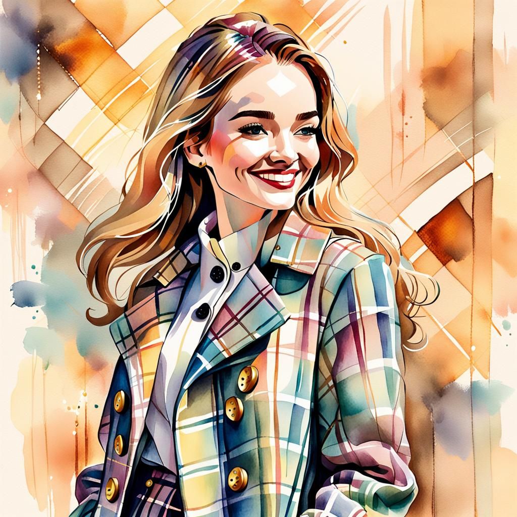 Watercolor Portrait of Lady in Checkered Coat