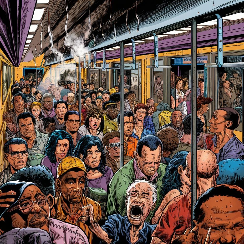 Packed Subway Train in Summer, Vivid Comic Panel