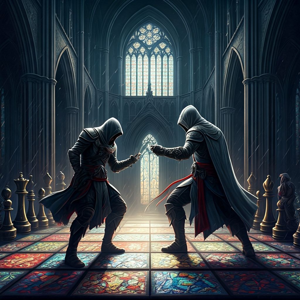 Templar and Assassin Chess Battle in Hyperrealistic Style