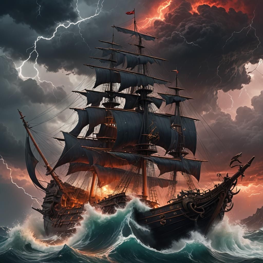 Medieval Ship vs Kraken in Stormy Red Sea
