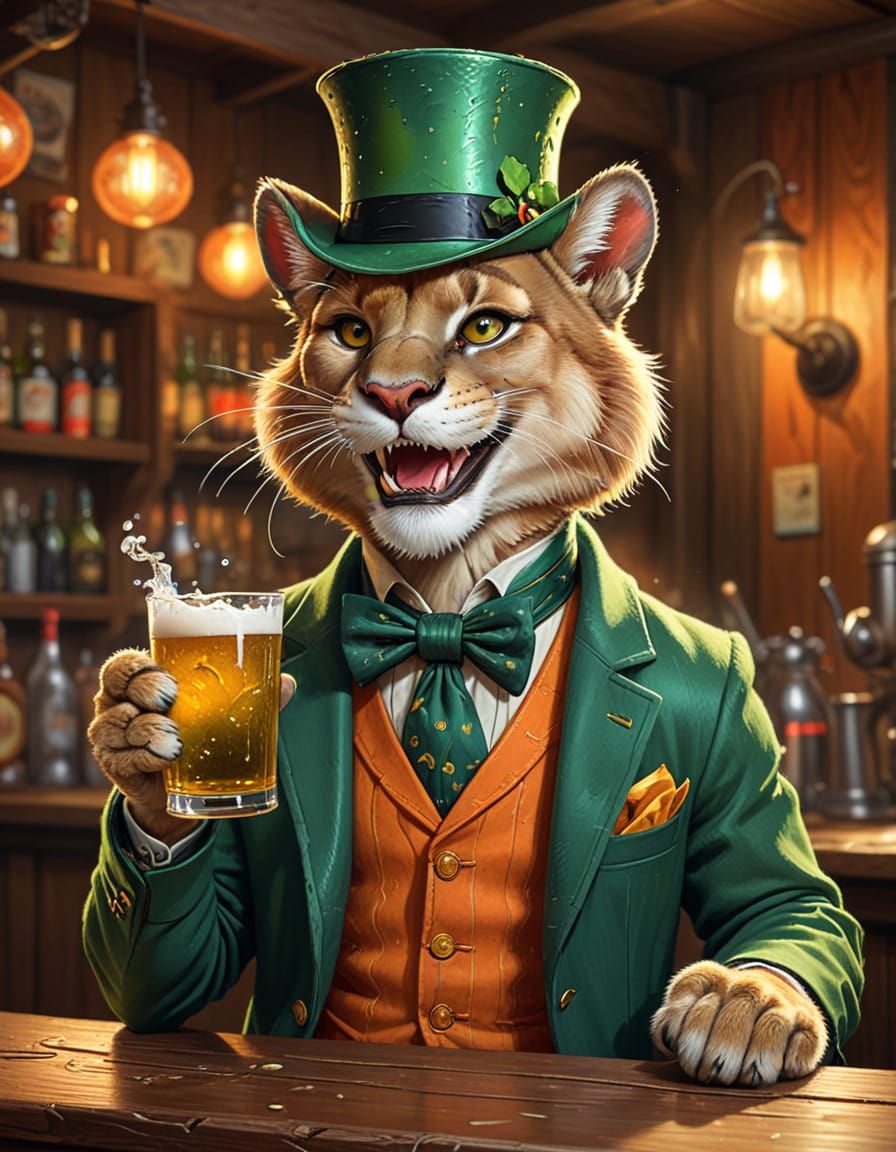 Mountain Lion in Dapper Irish Pub Attire