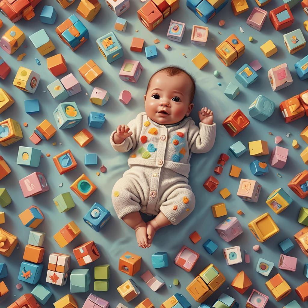 Baby Surrounded by Toys: Pixar-Style 3D Art
