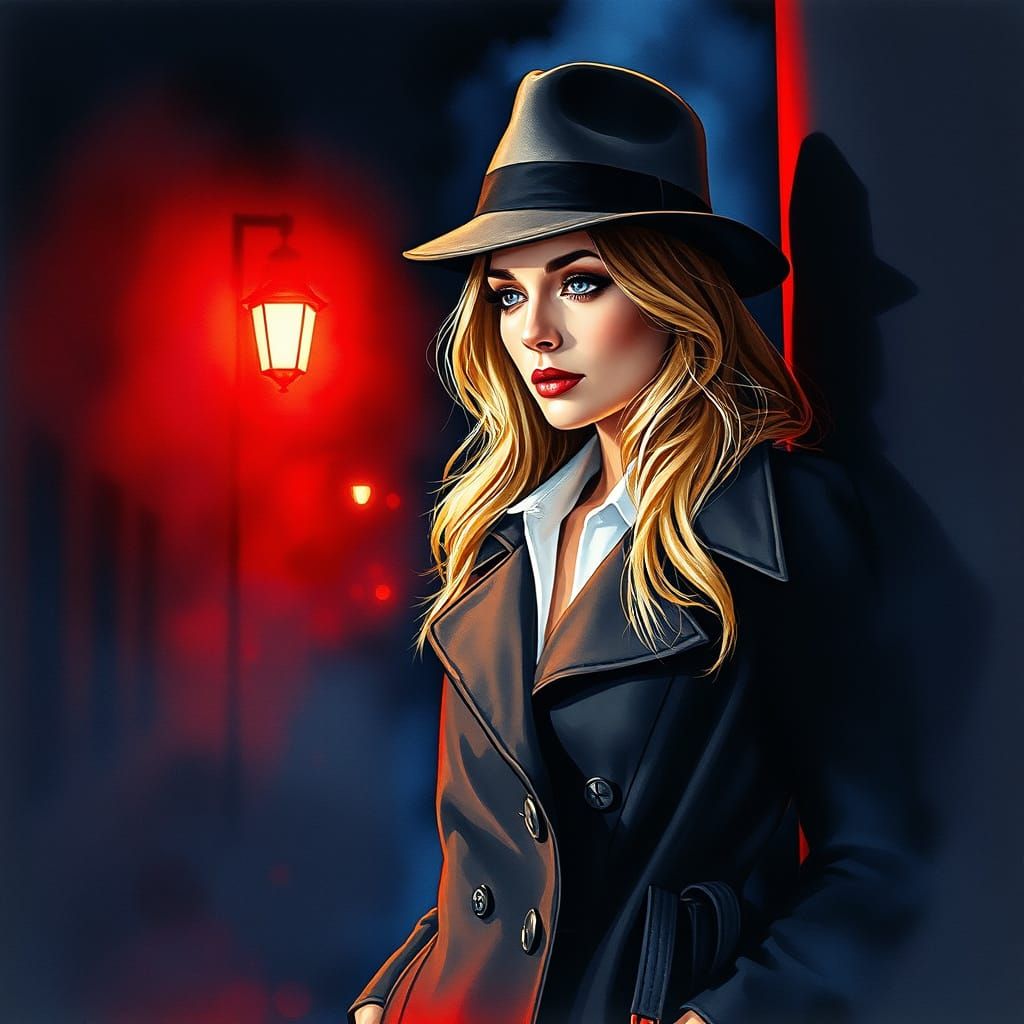 Mysterious Lady Detective in Noir Watercolour Style