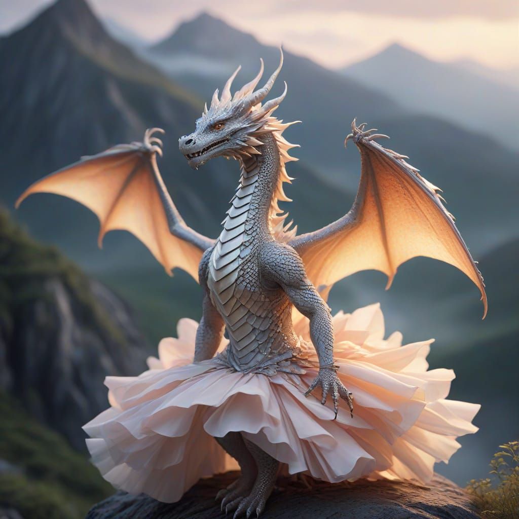 Surreal Dragon in Ethereal Tutu on Misty Mountain Peak